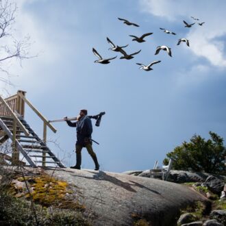 Un homme portant sur l’une de ses épaules une lunette d’observation spéciale se dirige vers une station d’observation ornithologique en bois aménagée sur un affleurement rocheux, tandis qu’une nuée d’oiseaux passe au-dessus de lui.